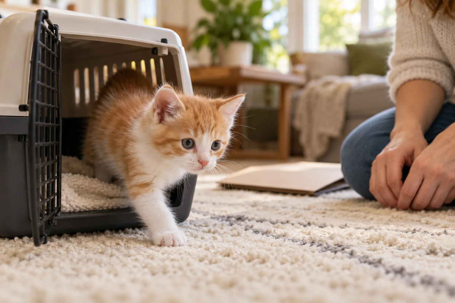 Orange-and-white cat stepping from an open carrier beside a seated person